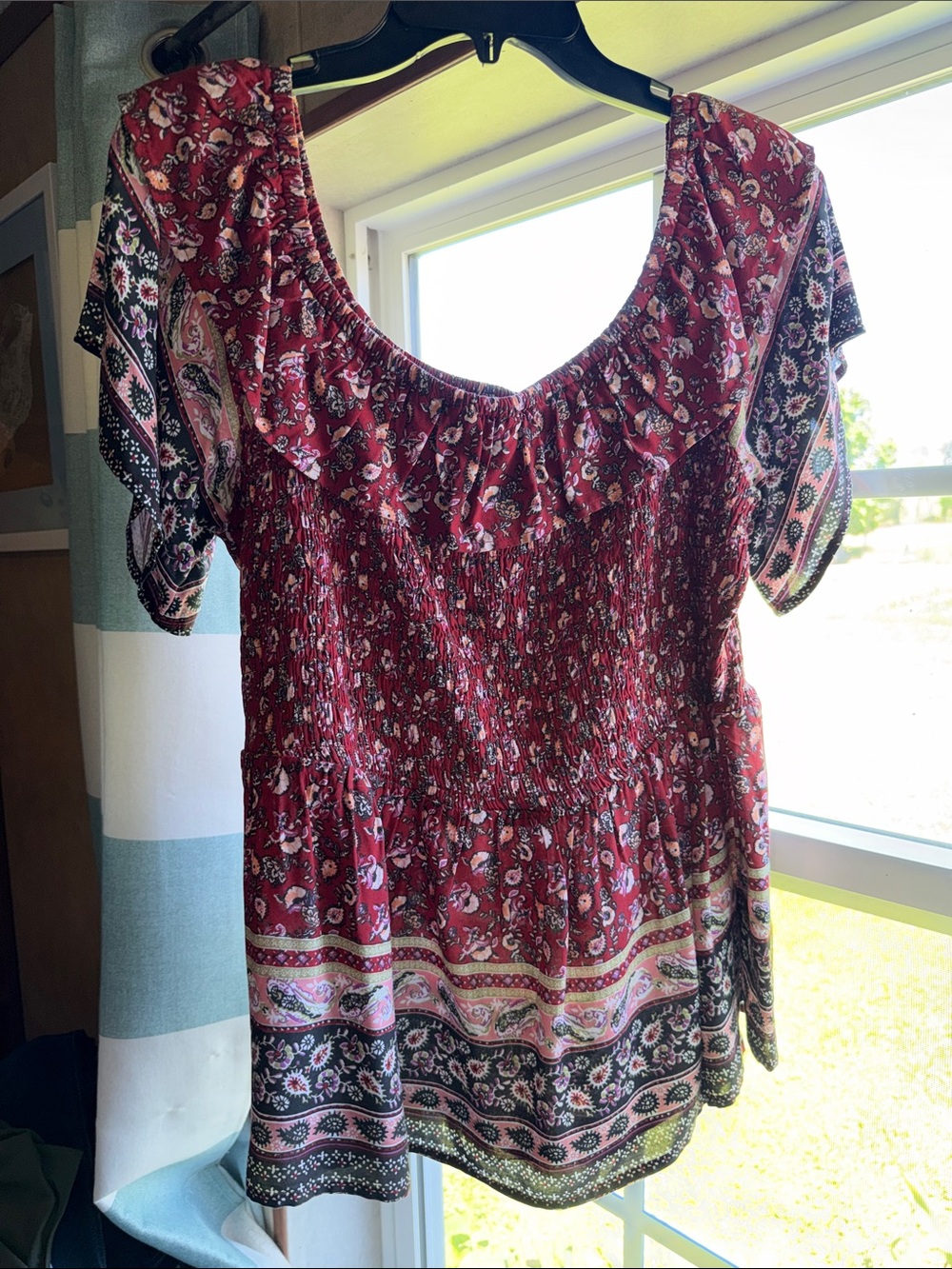 Maurices Red Floral Smocked Round-Neck Blouse with Paisley Border - Picture 7 of 7